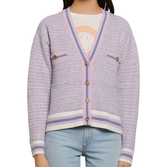 🍉Sandro Lyna Cropped Tweed Cardigan Lavender Purple Button Sweater Chanel Pink - Picture 7 of 12